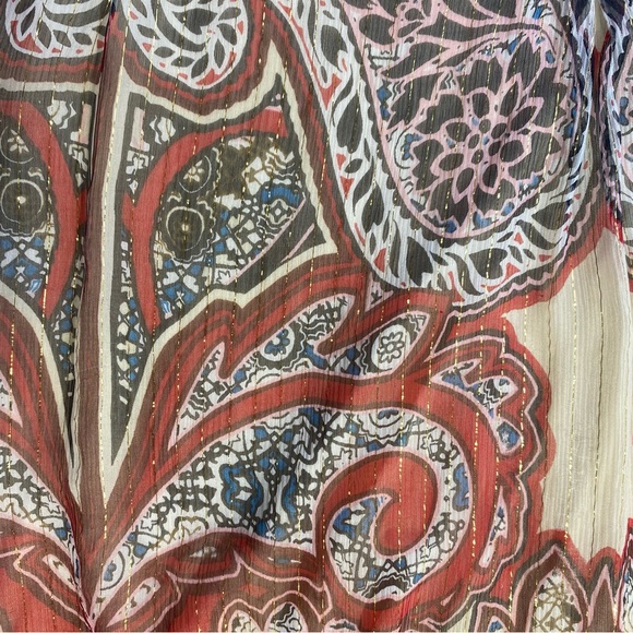 Hale Bob 100% Silk Red Paisley Print Metallic Gold Stripped Jeweled Blouse XS - Picture 4 of 16